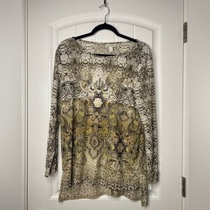 Dana Buchanan Long Sleeve Blouse, Lightweight, Olive Green And Cream, Sz L